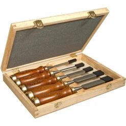 Coffret De 5 Ciseaux à Bois - Manche En Bois Vernis - Lame En Acier Chromé - STANLEY, 2-16-217