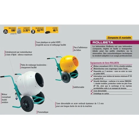 Imer - Bétonnière Brouette 0.3 KW Cuve Plastique 134 L Et Malaxage 100l - Rollbeta 3 Imer - Bétonnière Brouette 0.3 KW Cuve Plastique 134 L Et Malaxage 100l - Rollbeta – Image 3