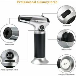 Chalumeau De Cuisine, Torche Rechargeable Avec Verrou De Sécurité, Flamme Réglable Avec 2 Pinceaux En Silicone Pour La Cuisson, Barbecue, Patisseries, Soudure, Camping (Butane Non Inclus) -Outils Magie Soldes Boutique 93444539 3